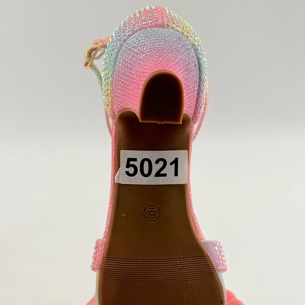 Girls 6 T-Strap Dress Sandals Pastel‎ Rainbow Ombre Rhinestone Bow Kitten Heel
